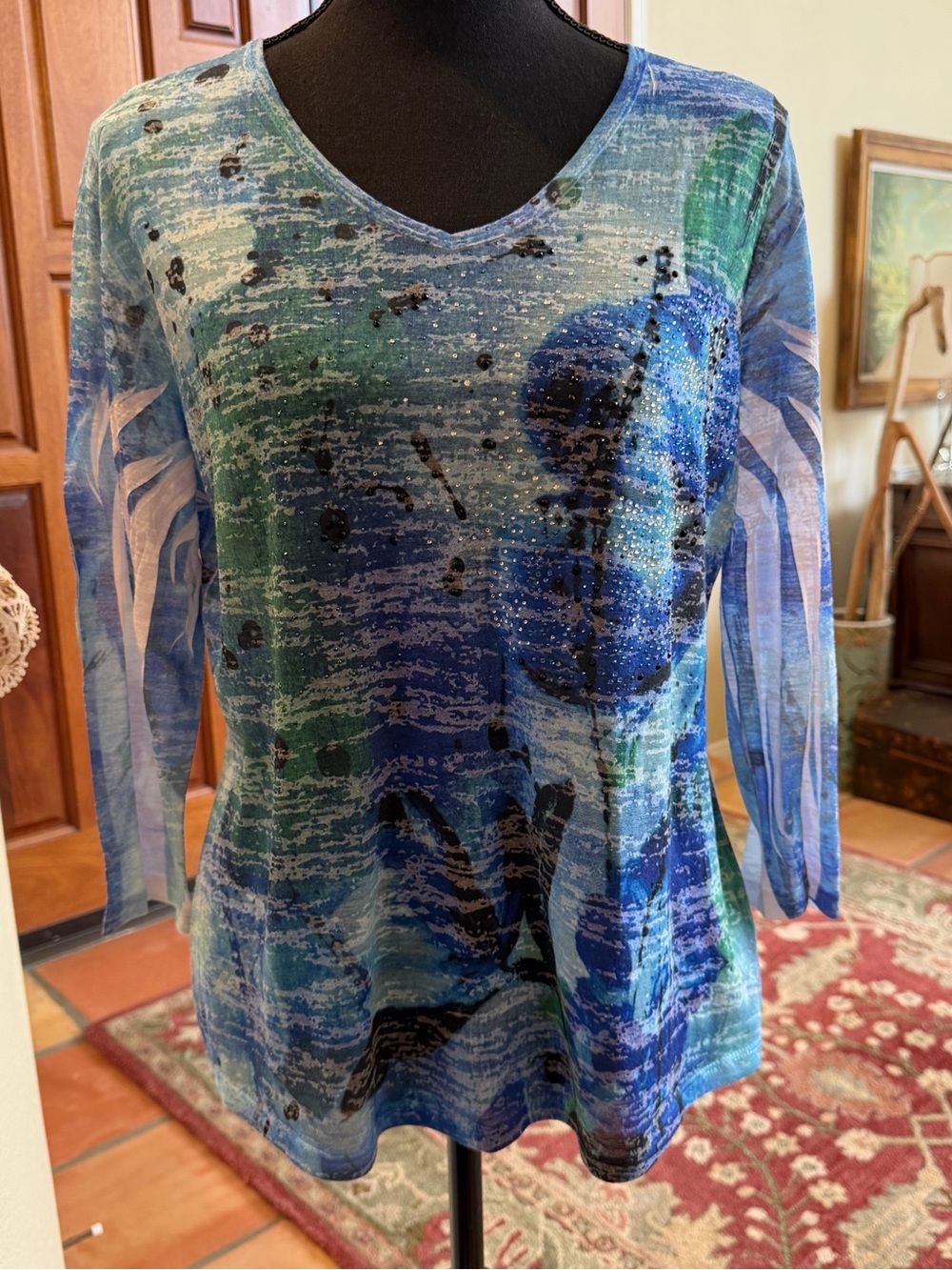 Jess & Jane Tropical Rhinestone Abstract Lightweight Tunic Top Size M